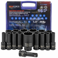 Фото товара - YATAFORCE Набор головок глубоких ударных 16пр. 1/2" 12pt YF-4177-5MPB