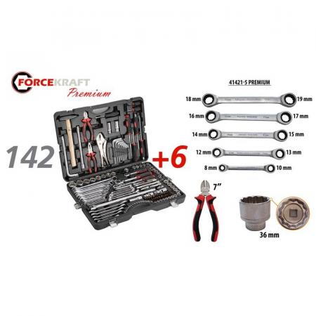 Набор инструментов 142+6пр. 1/4''3/8''1/2''(6-гран.)(4-36мм, 27,30,32,36-12гр.)+(ключи трещоточные:8х10,12х13,14х15,16х17,18х19мм, бокорезы-7'') FK-41421-5 PREMIUM - 1