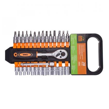 Набор головок и бит с трещоткой 28пр. 1/4''(4-13мм, Torx:T10,15,20,25,30, Hex:3-6мм,SL:4,5.5,7мм, PH1,2),в пластиковом держателе ISMA-2028-5 - 1