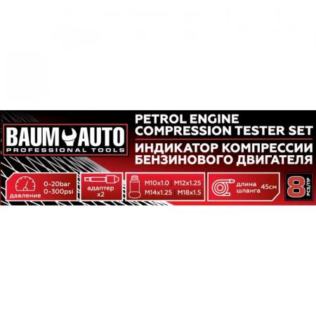 Индикатор компрессии бензинового двигателя Profi 8пр.(0-21Bar, М10, М12, М14, М18 + 2 жестких прижимных адаптера-переходника) , в кейсе BM-908G1 - 1