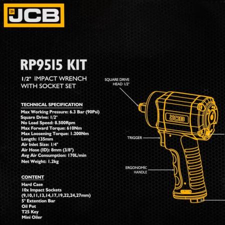 Пневмогайковерт ударный "Compact" в облегченном корпусе 1/2''+набор головок(9,10,11,13,14,17,19,22,24,27мм+удлин.125мм,610/1200Hм,6.3bar,170 л/мин) JCB-RP9515 KIT - 1