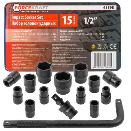 Набор головок ударных 15пр. 1/2" (6-гр.) (10,12, 13, 14, 15, 17, 19, 21, 22, 24, 27, 30, 32мм) в ложементе FK-4159K - 1