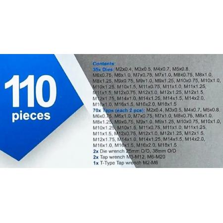 Набор метчик.и плашек110пр(2х0.4,3х0.5,4х0.7,5х0.8,6х0.75-1,8х0.75-1,25,9х0.75-1.25,10х0.75-1.5,11х0.75/1/1.25/1.5, 12х0.75-1.75,14х1-2,16х1-2,18х1.5) Sch-M110-1 - 1