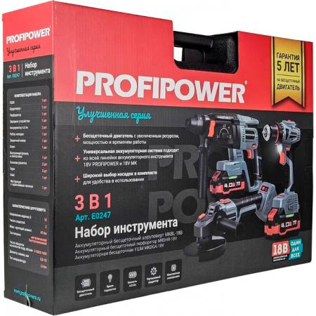 Аккумуляторный бесщеточный НАБОР 3в1 PROFIPOWER ProfiSet-3E18 (Li-ion-2шт, 4Ач, З/У, кейс, E0080,T0056, T0058) E0247 - 1