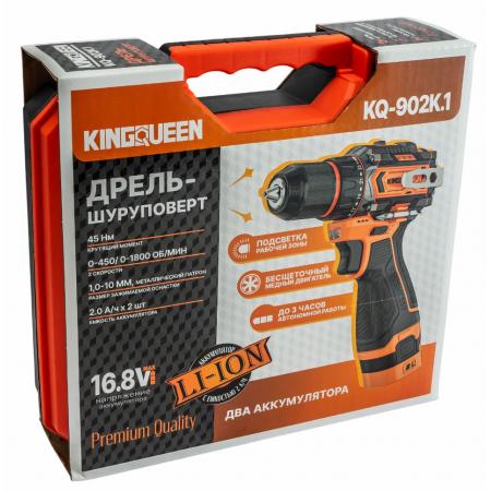 Шуруповерт бесщеточный ударный KINGQUEEN 16.8В, патрон 10мм, 2 АКБ, кейс, KQ-902K.1 - 1