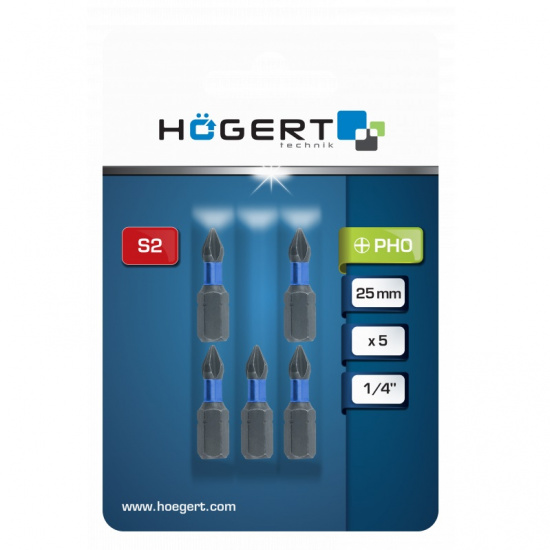 Большое фото товара - HOEGERT Биты ударные PH0, 25 мм, сталь S2, 5 шт. HT1S120, 43281. Вариант №2