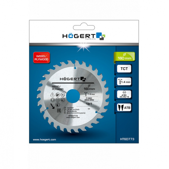 Большое фото товара - HOEGERT Диск пильный по дереву 160x18Tx30, Mn65 HT6D773, 43392. Вариант №2