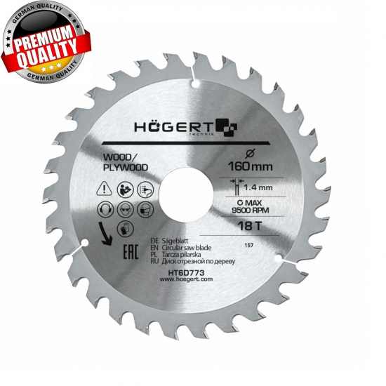 Большое фото товара - HOEGERT Диск пильный по дереву 160x18Tx30, Mn65 HT6D773, 43392. Вариант №1