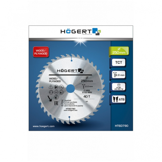 Большое фото товара - HOEGERT Диск пильный по дереву 250x40Tx30, Mn65 HT6D790, 43409. Вариант №2