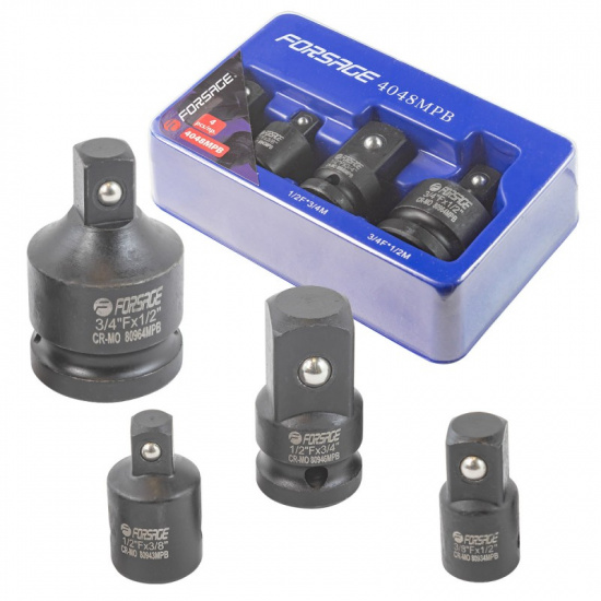 Большое фото товара - Набор адаптеров ударных 4пр(3/8"(F)x1/2"(M),1/2"(F)x3/8"(M),1/2"(F)x3/4"(M),3/4"(F)x1/2"(M)),в ложементе F-4048MPB, 52602. Вариант №1