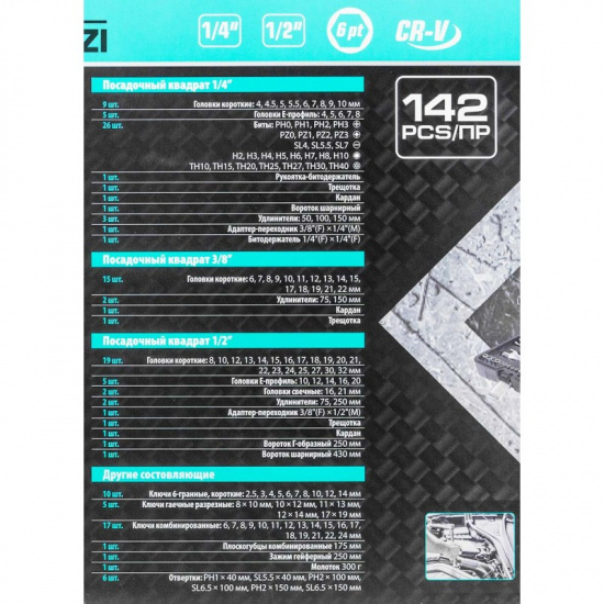 Большое фото товара - Набор инструментов 142пр. 1/4", 1/2" MF-41421-5, 57363. Вариант №4