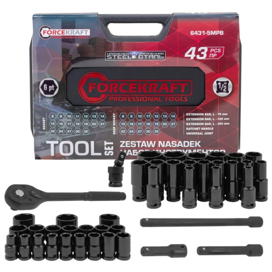 Большое фото товара - FORCEKRAFT Набор инструментов 43пр. 1/2" 6pt FK-6431-5MPB, 62299. Вариант №1