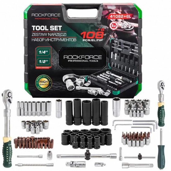 Большое фото товара - ROCKFORCE Набор инструментов 108+6пр. 1/4", 1/2" (6гр.) RF-41082+6L, 63206. Вариант №1
