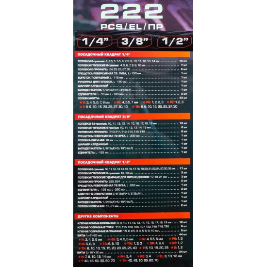 Большое фото товара - Набор инструментов 222пр. 1/4", 3/8", 1/2" (6гр.,12гр.) RF-42222-5, 63437. Вариант №5