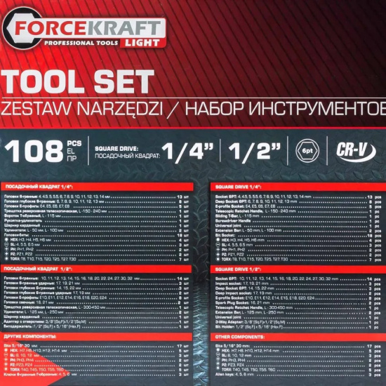 Большое фото товара - FORCEKRAFT LIGHT Набор инструментов с телескопическими трещотками 108пр. 1/2",1/4" (6гр.)(4-32мм) FK LIGHT-41082-5L DS, 64125. Вариант №5