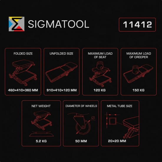 Большое фото товара - Лежак-трансформер подкатной на 6-ти колесах Sigmatool-11412, 67730. Вариант №4