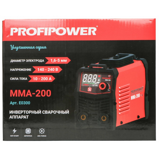 Большое фото товара - PROFIPOWER Сварочный инвертор с большом цифровом дисплеем MMA-200 IGBT (140-240В, 200A) E0300, E0300. Вариант №4