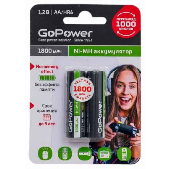 Большое фото товара - GOPOWER Аккумулятор AA: Ni-MH-BC2 (никель-металлгидридный) 1800mAh 1,2V, GPW-180AAKC. Вариант №1